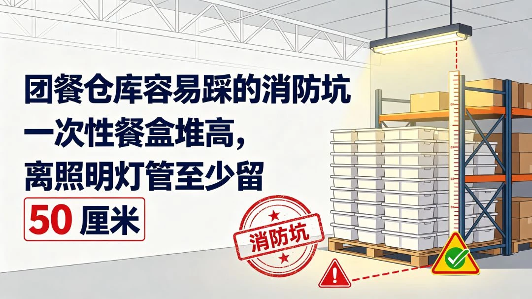 团餐仓库容易踩的消防坑：一次性餐盒堆高，离照明灯管至少留50厘米 团餐实拍图1