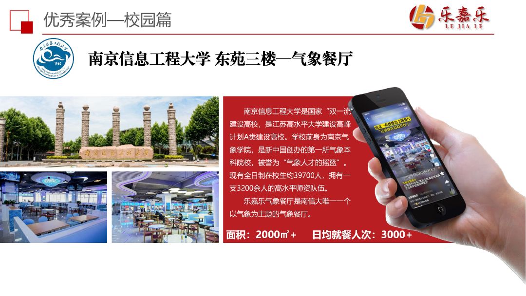 南京信息工程大学是国家“双一流”高校，现有师生四万余。乐嘉乐气象餐厅是南信大唯一一个以气象为主题的餐厅。面积：2000㎡+日均就餐人次：3000+