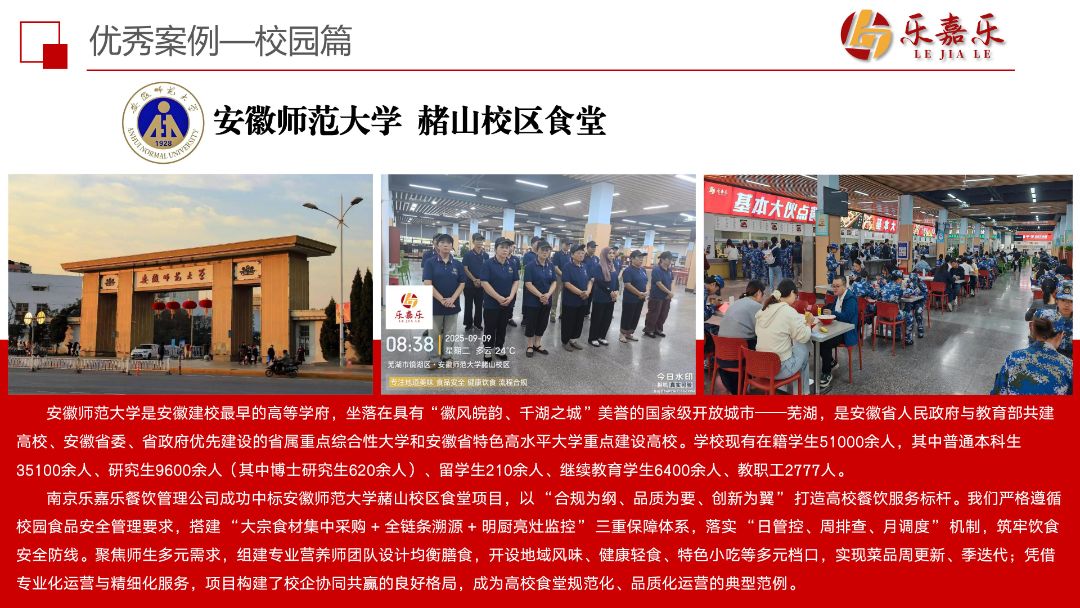 安徽师范大学是安徽建校最早的高等学府，有师生五万余人，我司以 “合规为纲、品质为要、创新为翼” 打造高校餐饮服务标杆。