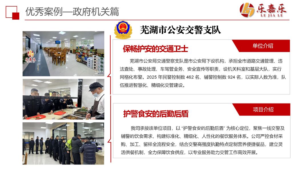 芜湖市公安局交通警察支队是市公安局下设机构，我司作为护警食安的后勤后盾，聚焦一线警察的饮食需求，构建标准、精细、人性化餐饮服务体系。