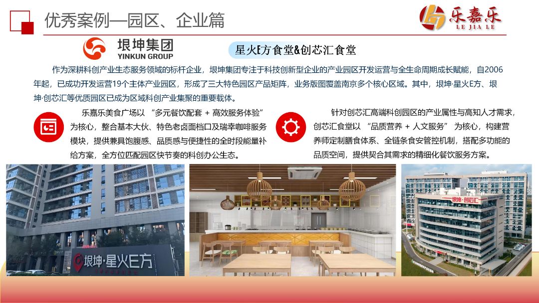 垠坤集团下的星火E方和创芯汇食堂做为区域科创产业集聚的重要载体，我司全方位匹配园区科创办公生态，为园区工作人员提供精细化餐饮服务方案。