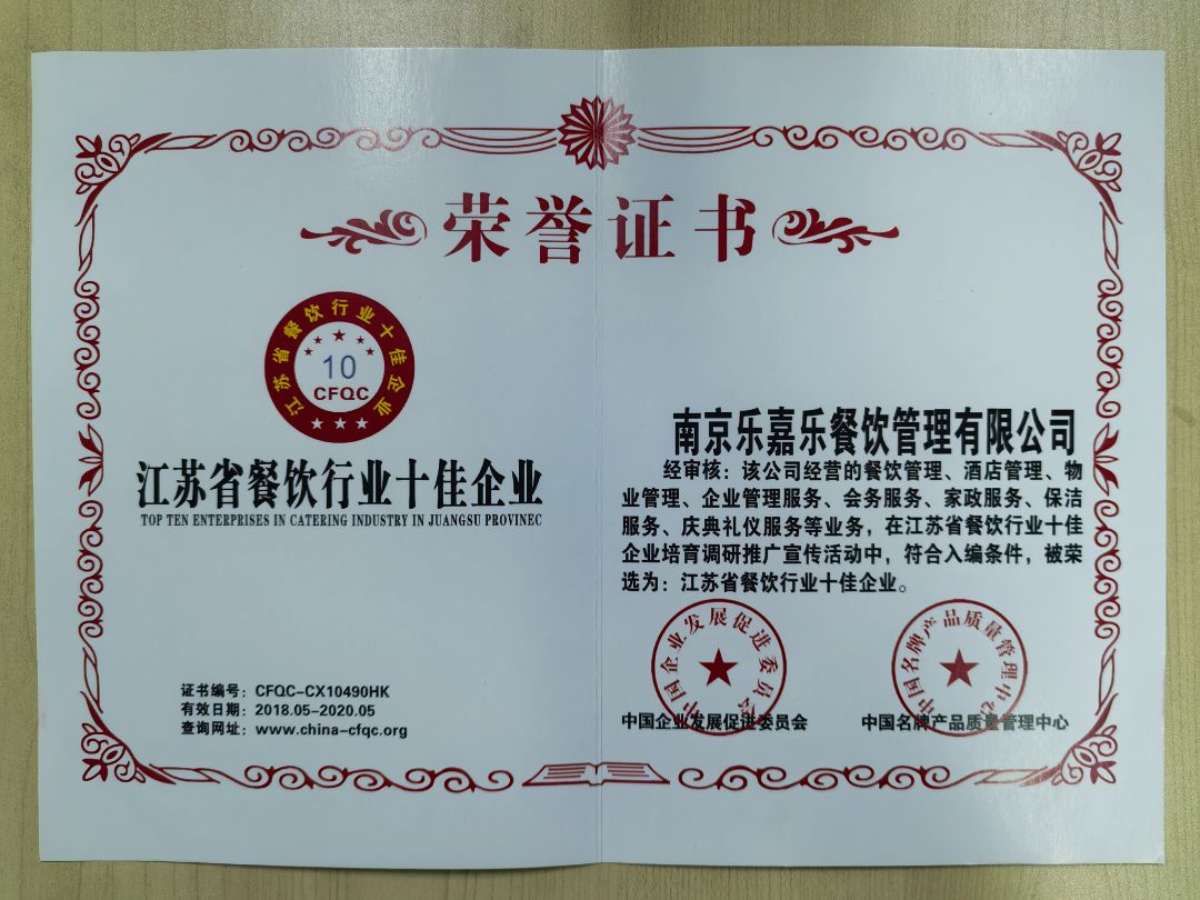 2018-2020江苏省餐饮行业十佳企业  荣誉证书