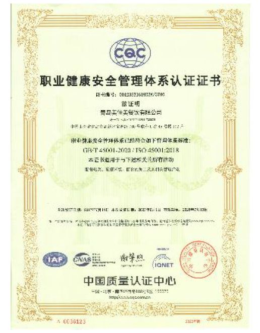 职业健康安全管理体系认证证书