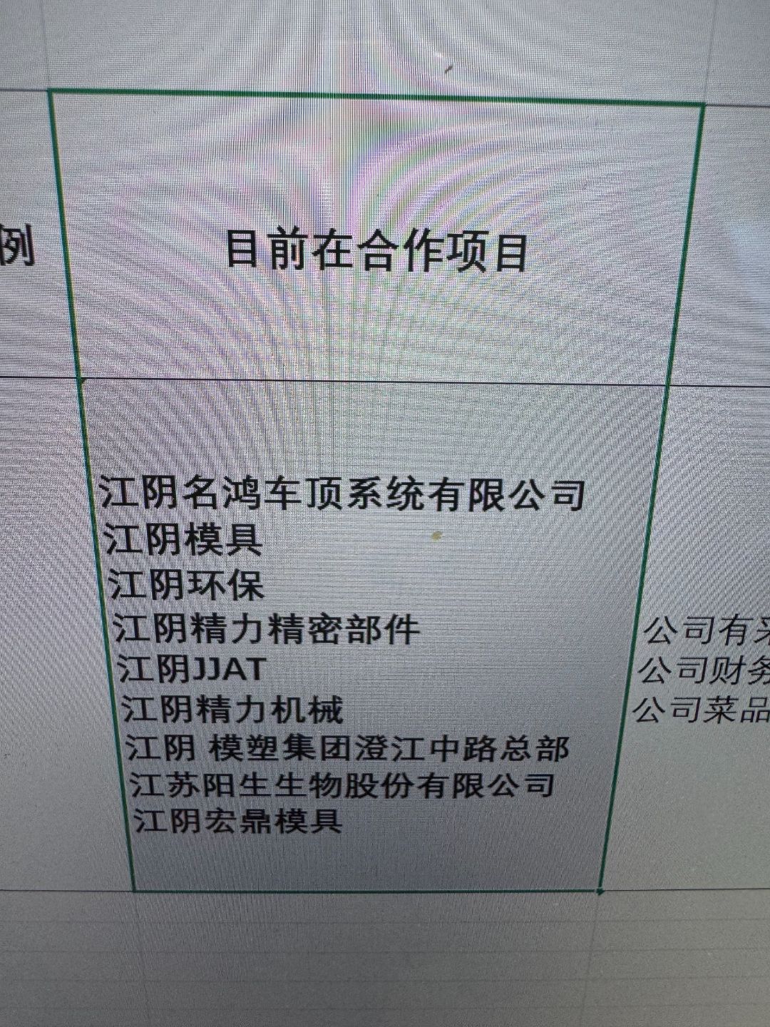 目前在合作项目有好多：江阴环保，江阴精力精密部件， 江阴精力机械
                                     江阴模塑集团澄江路总部， 江阴宏鼎模具